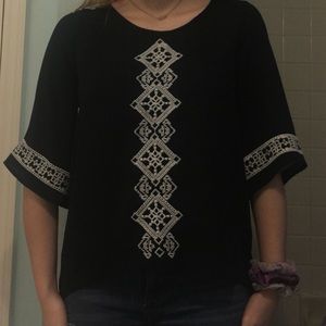 Black Flowy Top with White Designs